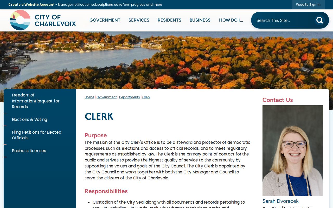Charlevoix court record research image showing the City Clerk information page