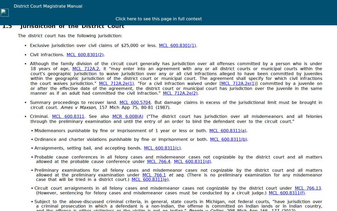Charlevoix County civil court docket district court jurisdiction reference