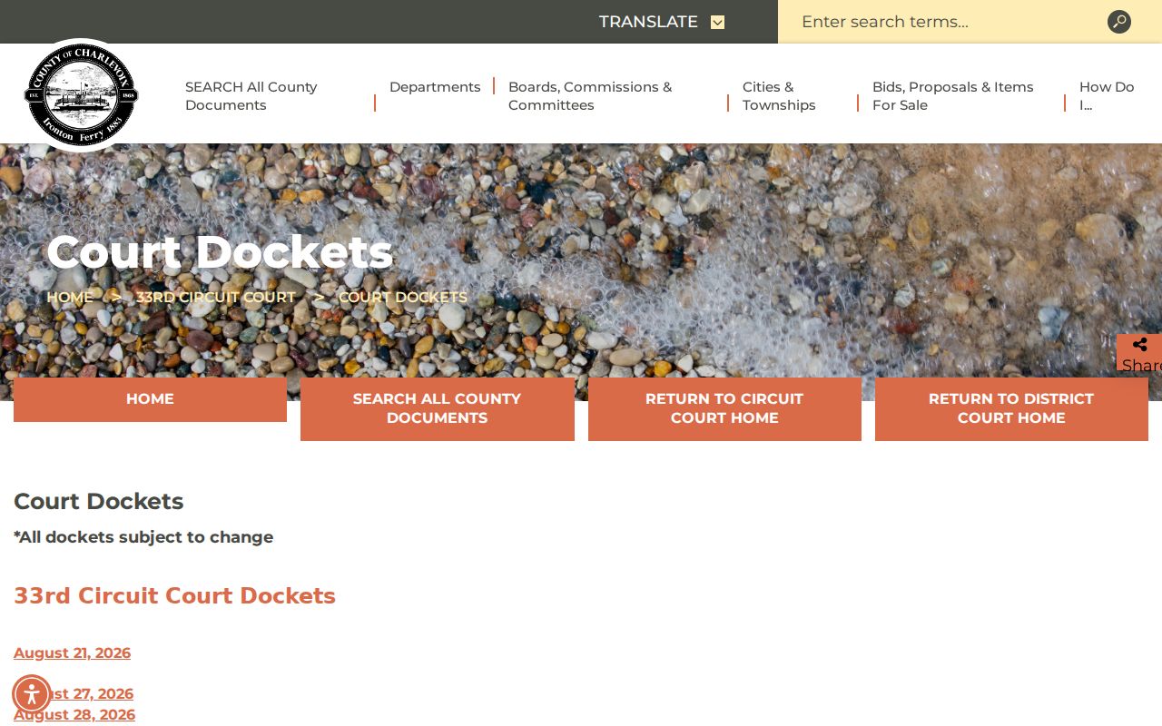 Charlevoix County court schedule page listing 33rd Circuit Court docket PDFs