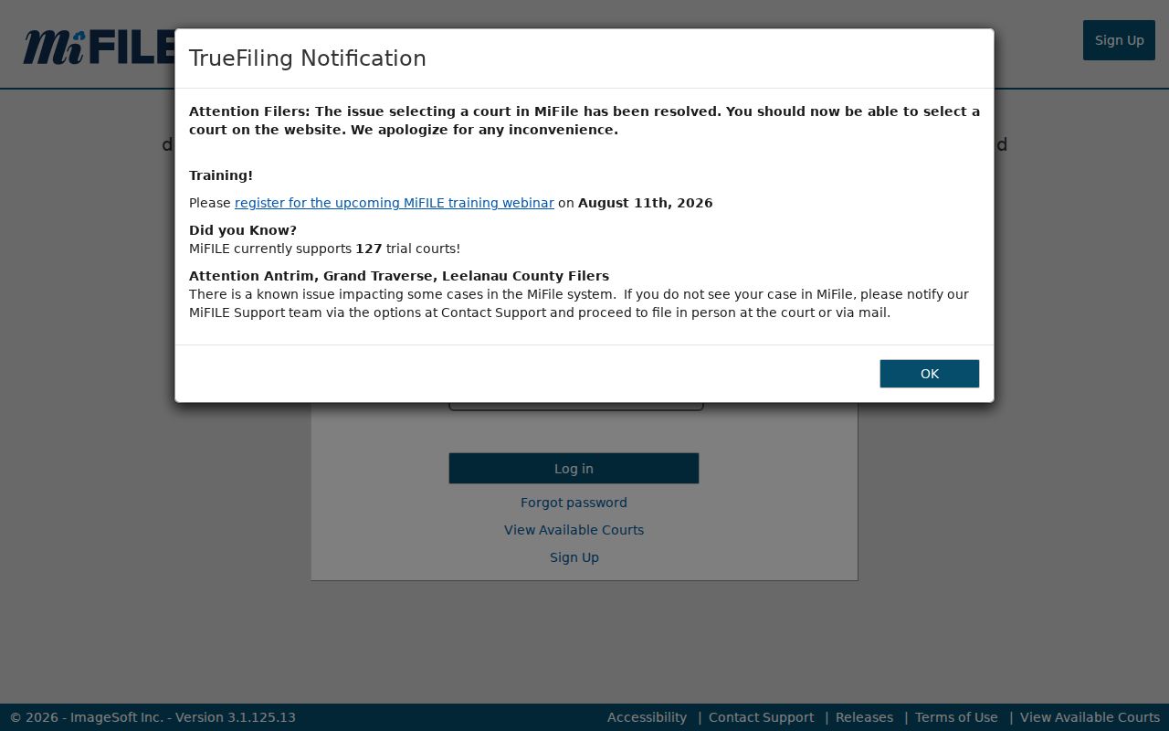 Charlevoix County docket search research showing the MiFILE authenticated login screen