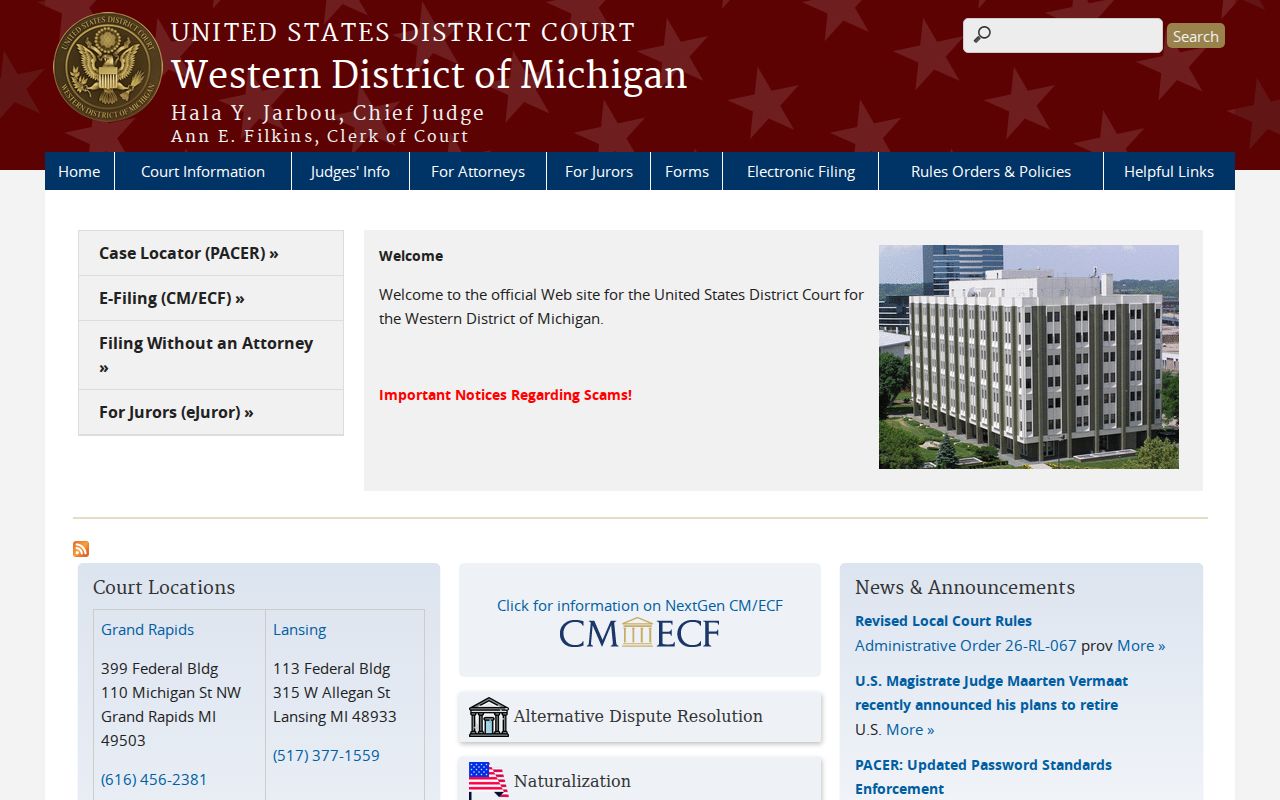 Charlevoix County docket search reference for the Western District of Michigan federal court