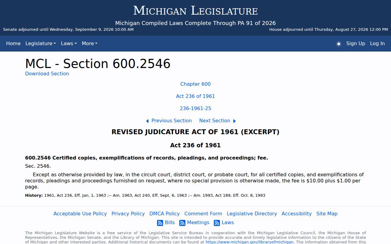 Charlevoix County traffic court reference for Michigan certified-copy fee statute