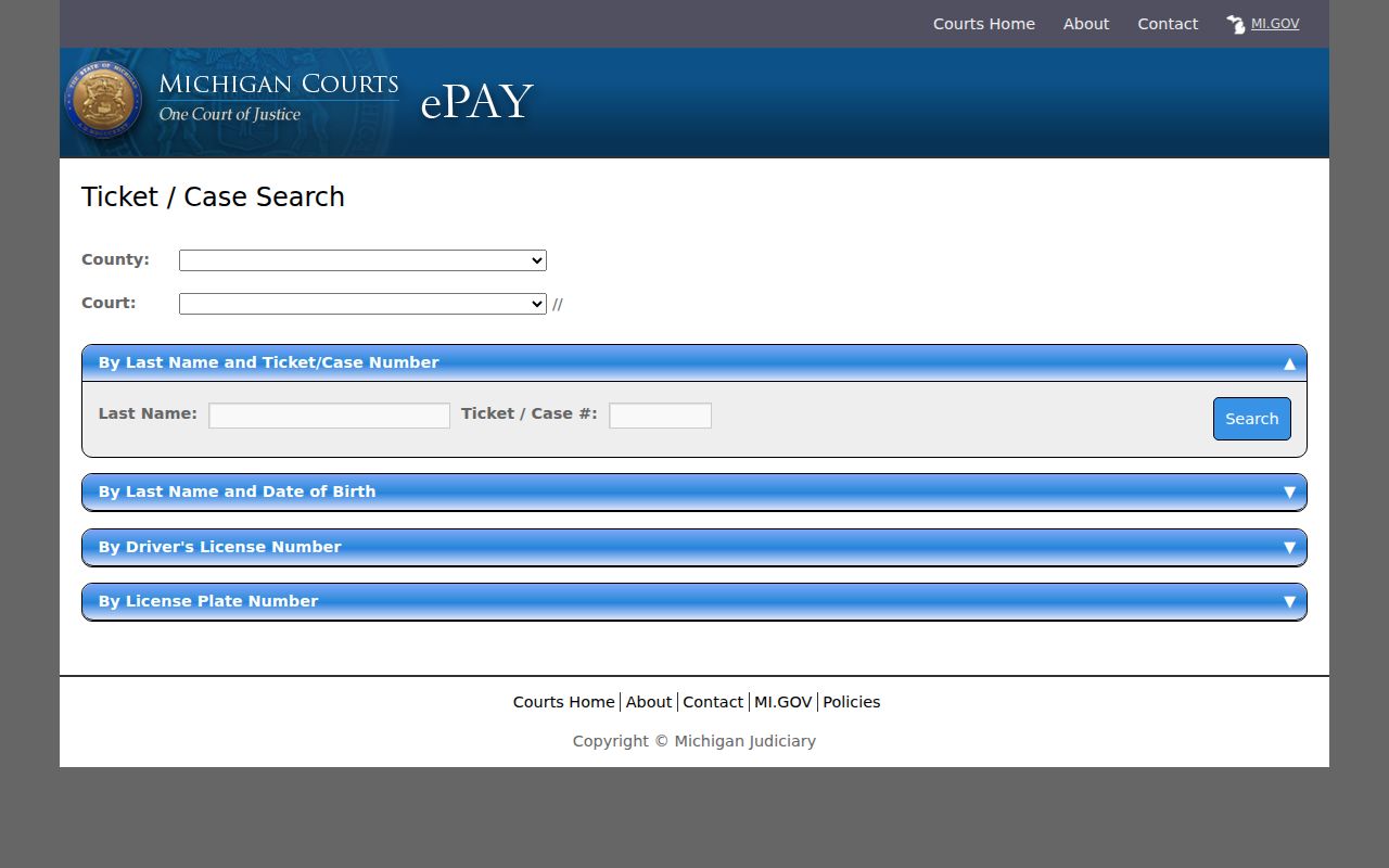 Charlevoix County traffic court research showing the statewide ticket and case search interface